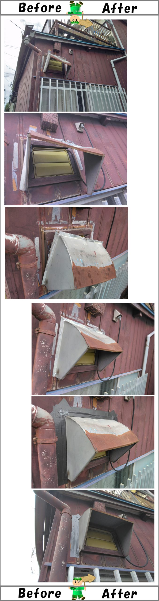 屋外壁面の外れた換気扇のフードの修理作業