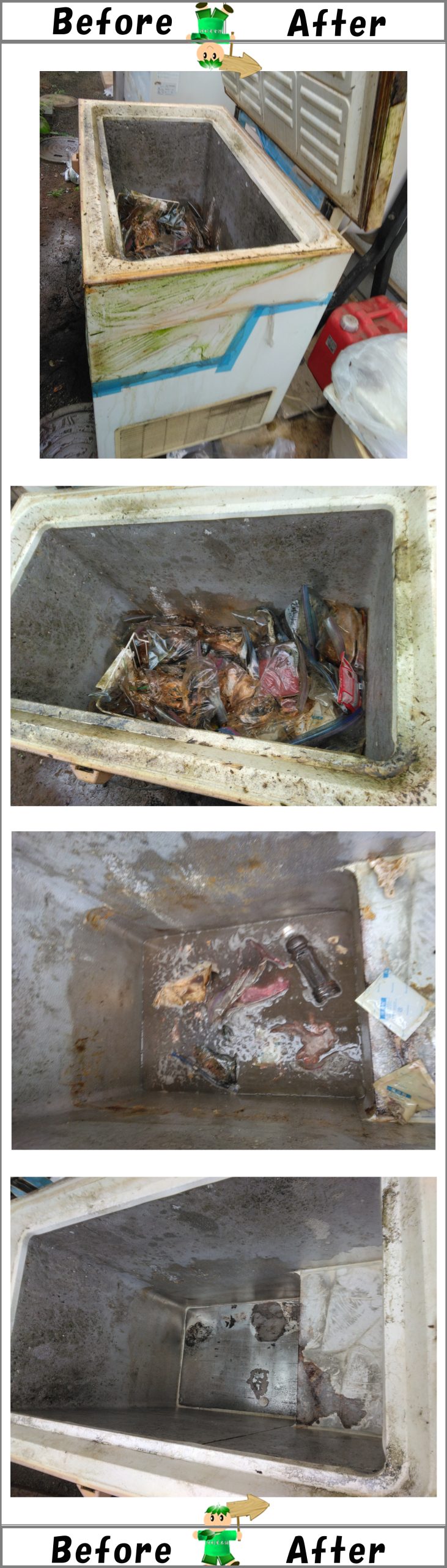 業務用冷蔵庫の腐敗残物（肉・魚）回収・洗浄作業