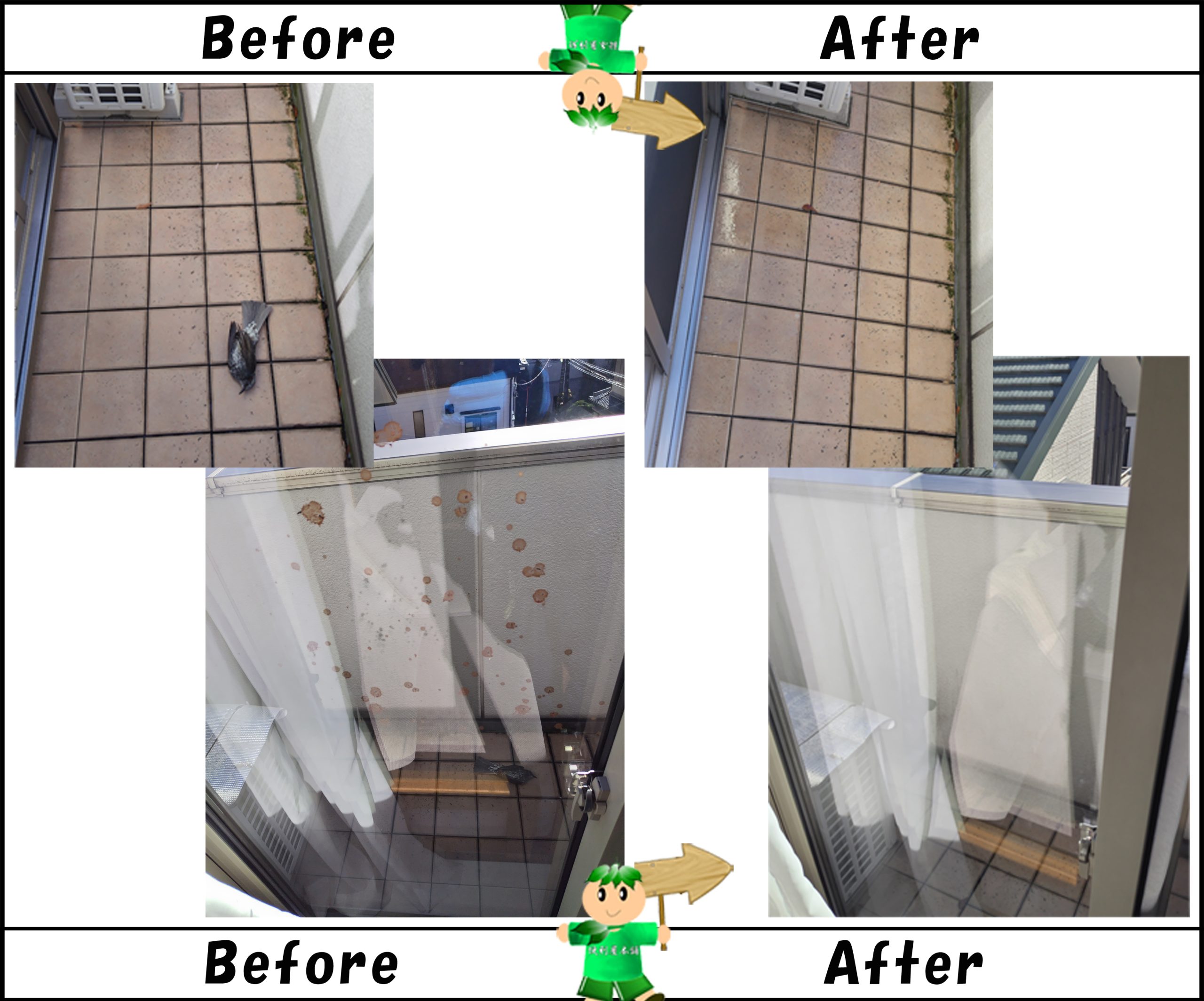 マンションベランダの鳥の死骸＆窓の血しぶき汚れ消毒洗浄クリーニング作業